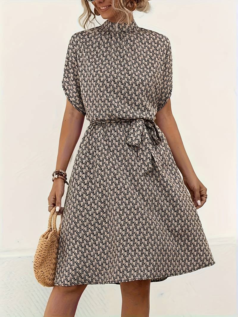 Allover-Print-Gürtelkleid Für Frühling Und Sommer