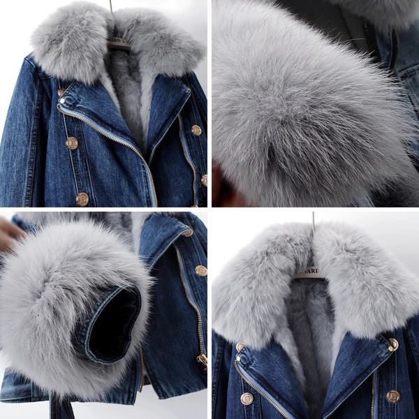 Women's denim coat with fox fur – luxury lined & elegant