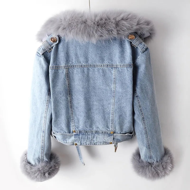 Women's denim coat with fox fur – luxury lined & elegant