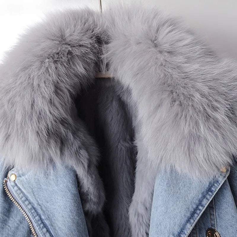 Women's denim coat with fox fur – luxury lined & elegant