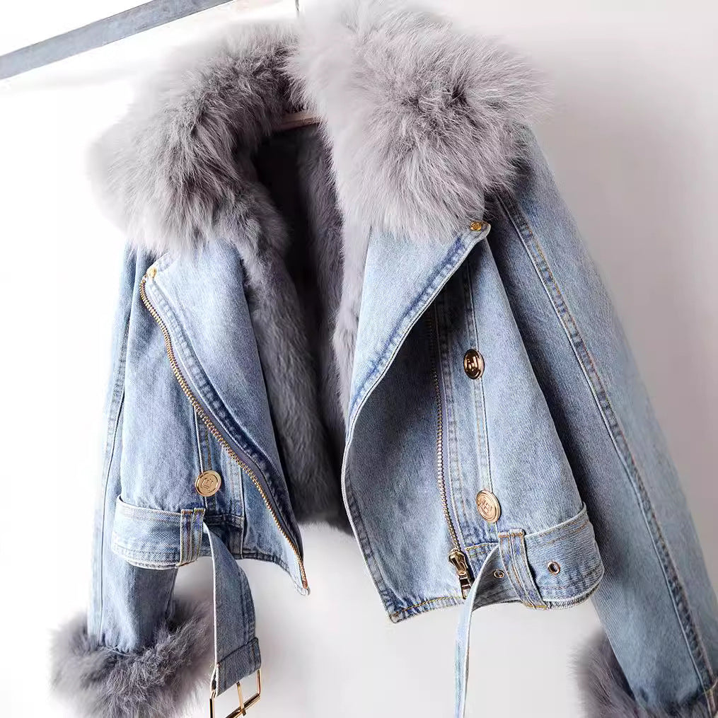 Women's denim coat with fox fur – luxury lined & elegant