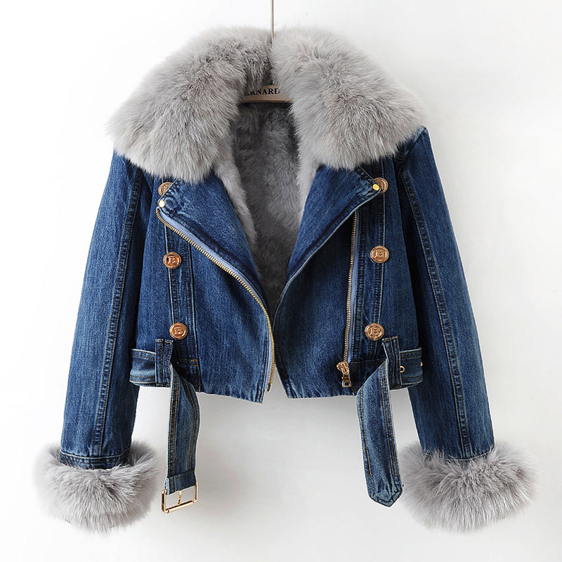 Women's denim coat with fox fur – luxury lined & elegant