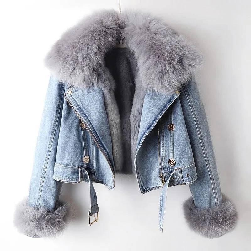 Women's denim coat with fox fur – luxury lined & elegant