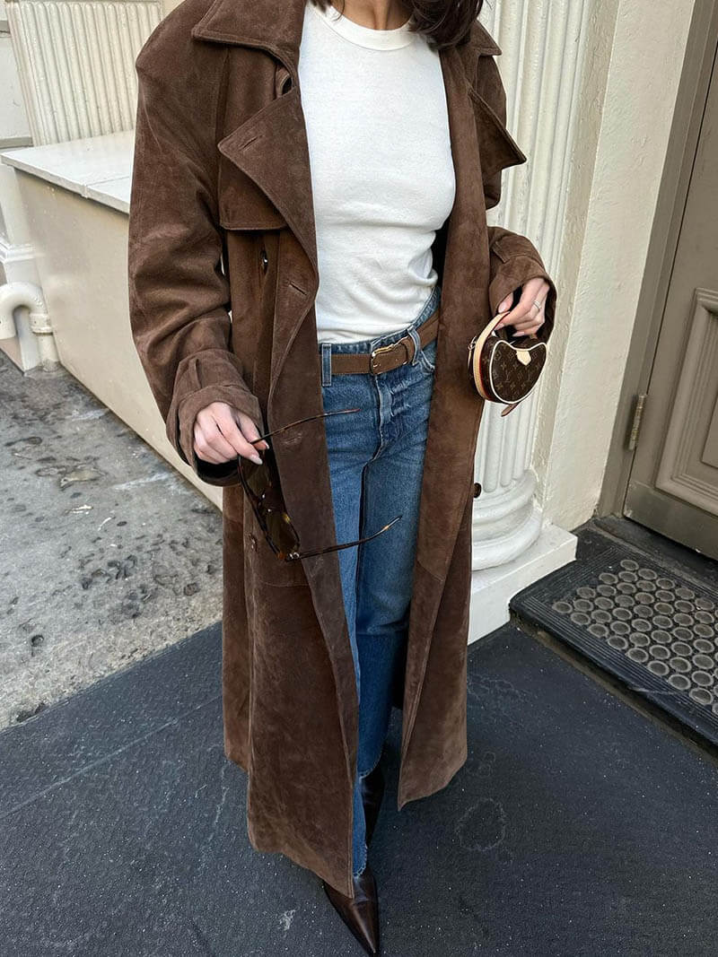 Damen Trenchcoat aus Wildlederoptik – Lang & Elegant