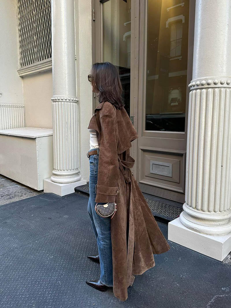 Damen Trenchcoat aus Wildlederoptik – Lang & Elegant