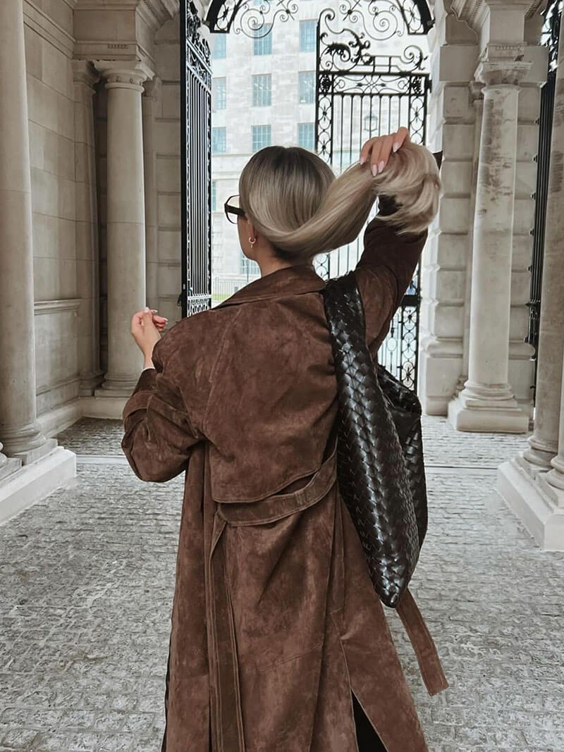 Damen Trenchcoat aus Wildlederoptik – Lang & Elegant