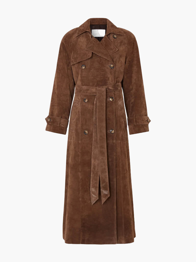Damen Trenchcoat aus Wildlederoptik – Lang & Elegant