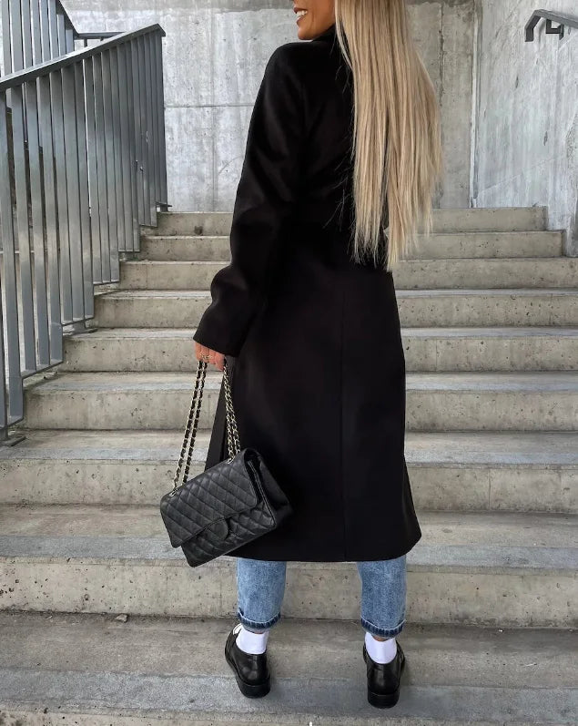 Damen Wintermantel Lang – Doppelreihig mit Gürtel im klassischen Look