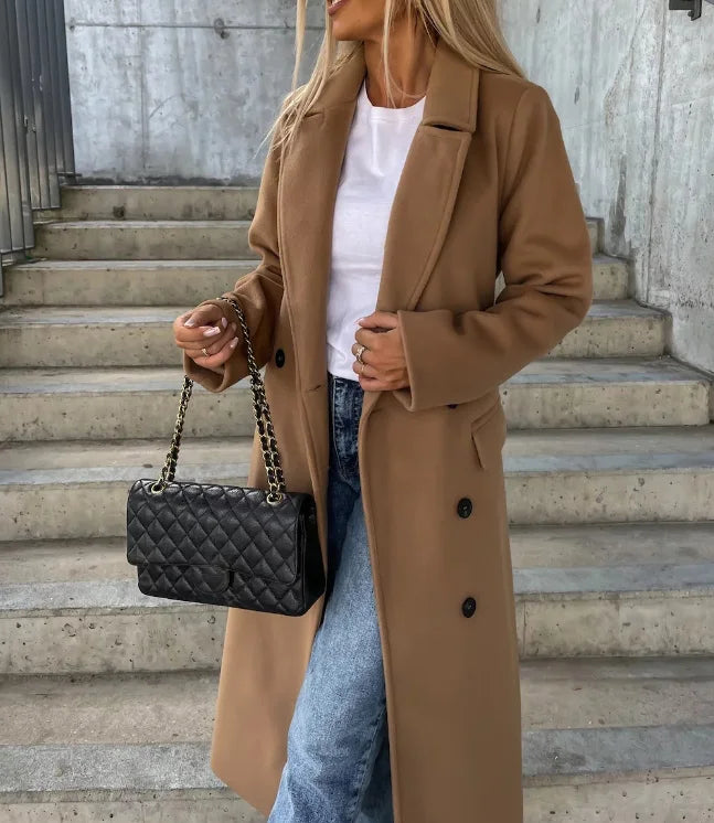 Damen Wintermantel Lang – Doppelreihig mit Gürtel im klassischen Look