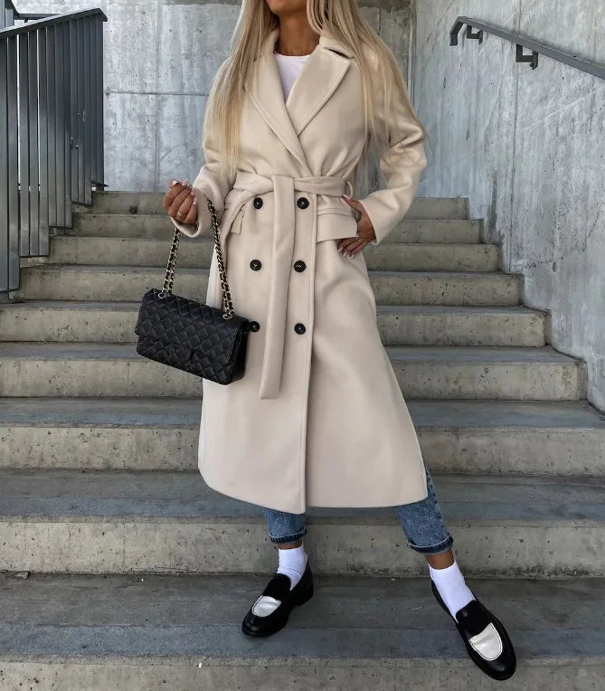 Damen Wintermantel Lang – Doppelreihig mit Gürtel im klassischen Look