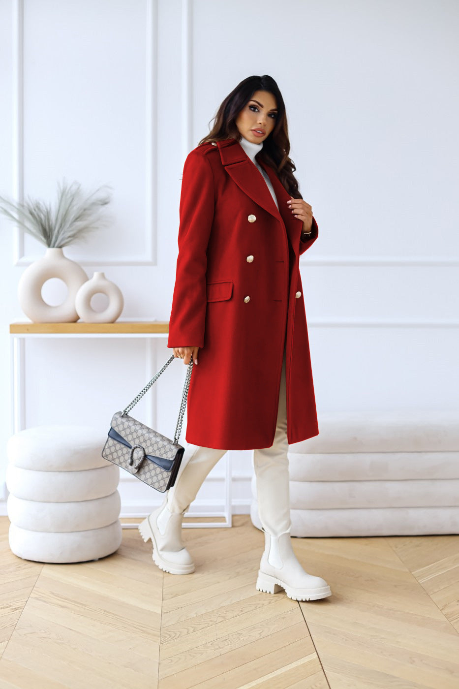 Damen Wollmantel Winter – Eleganter Doppelreihiger Mantel