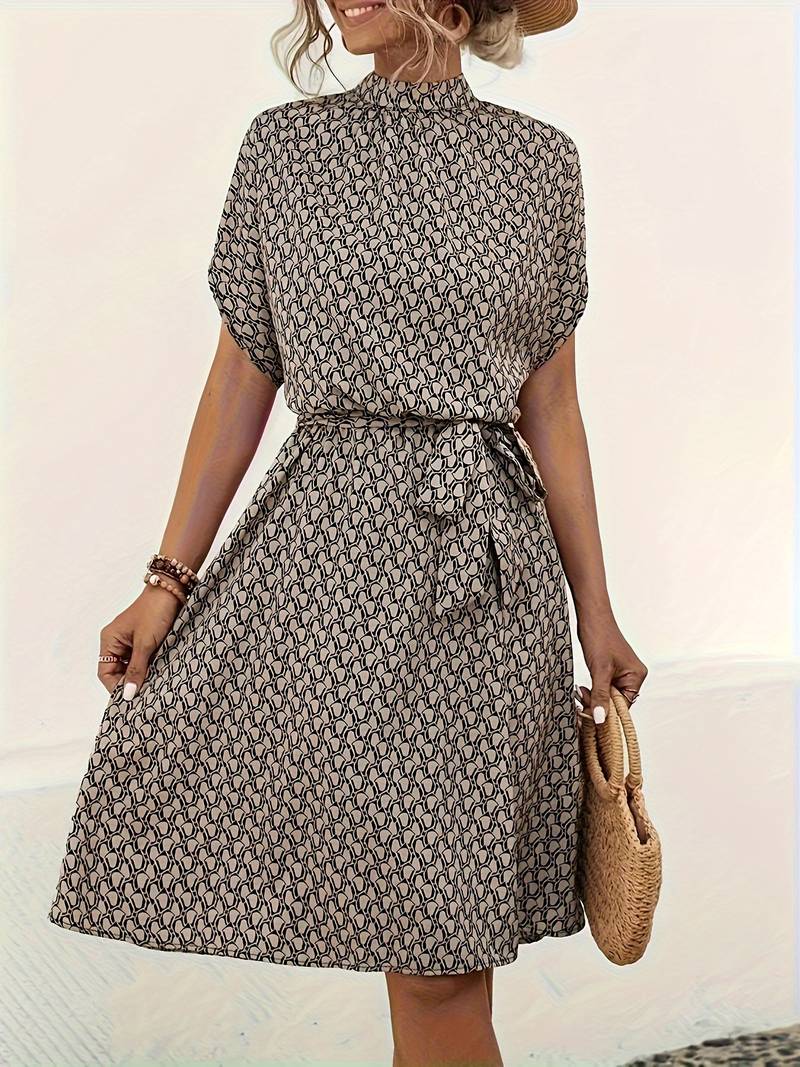 Allover-Print-Gürtelkleid Für Frühling Und Sommer