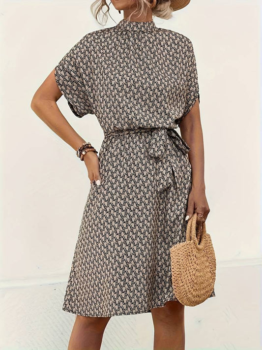 Allover-Print-Gürtelkleid Für Frühling Und Sommer