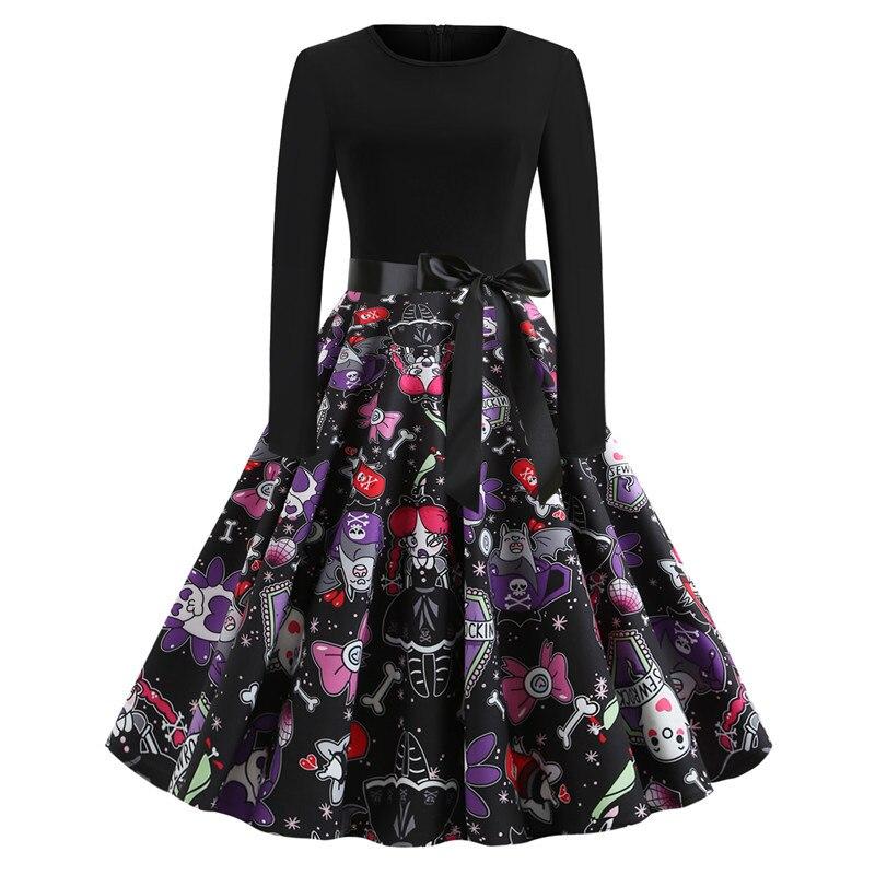 Damen Halloween Kostüm – Gothic Midi Kleid mit Karikatur Druck