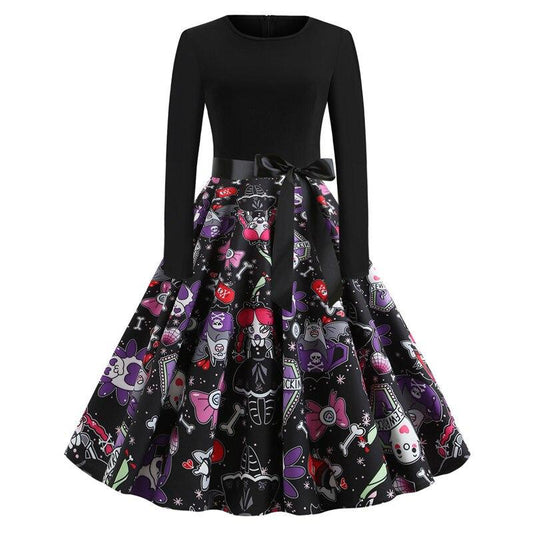 Damen Halloween Kostüm – Gothic Midi Kleid mit Karikatur Druck