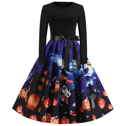 Damen Halloween Kostüm – Gothic Midi Kleid mit Karikatur Druck