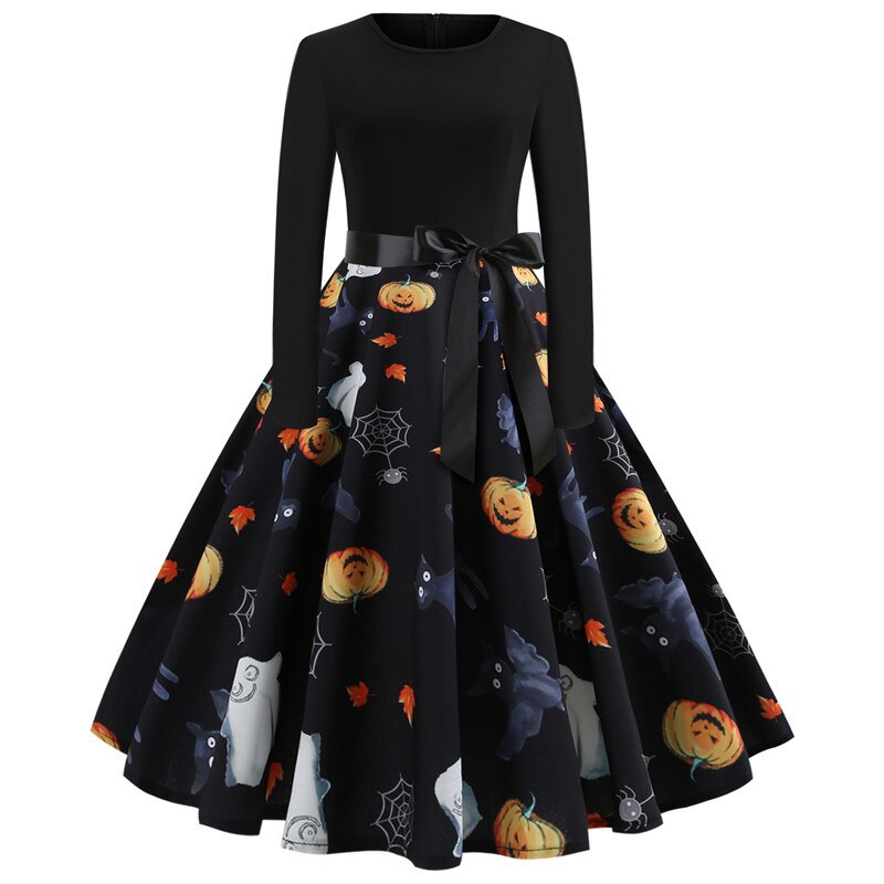 Damen Halloween Kostüm – Gothic Midi Kleid mit Karikatur Druck