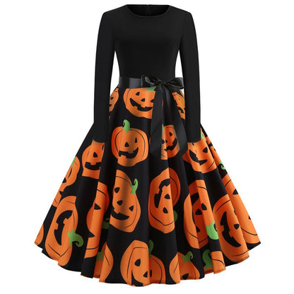 Damen Halloween Kostüm – Gothic Midi Kleid mit Karikatur Druck