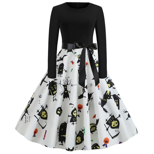Damen Halloween Kostüm – Gothic Midi Kleid mit Karikatur Druck