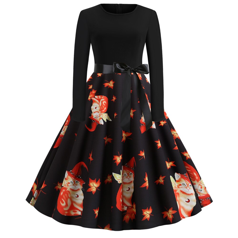 Damen Halloween Kostüm – Gothic Midi Kleid mit Karikatur Druck