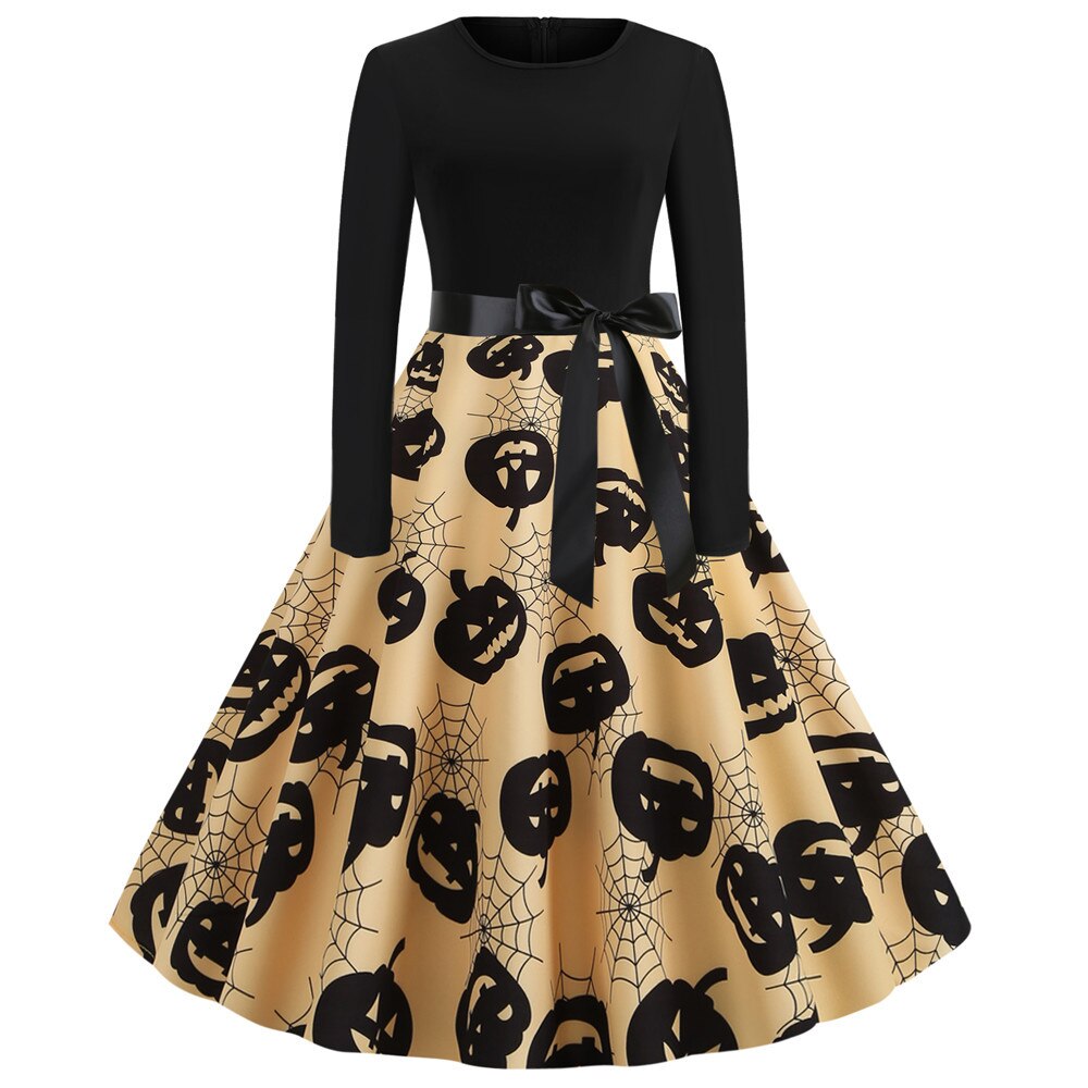 Damen Halloween Kostüm – Gothic Midi Kleid mit Karikatur Druck