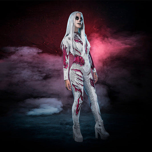 Damen Halloween Kostüm – Langärmliges Kleid mit Skelett Druck