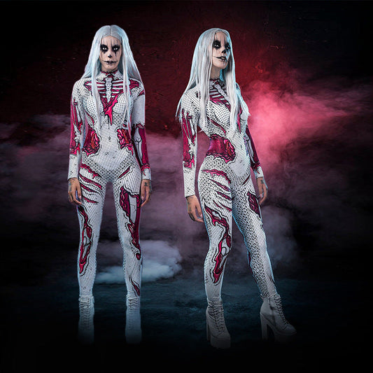 Damen Halloween Kostüm – Langärmliges Kleid mit Skelett Druck