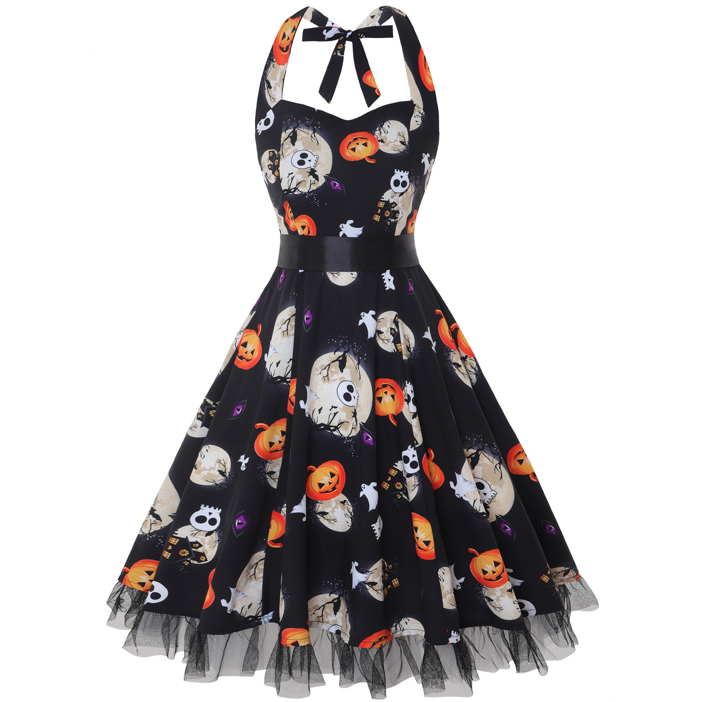 Damen Halloween Kostümkleid – Midi Kleid mit Kürbis Druck & Langen Ärmeln