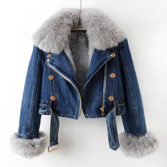 Women's denim coat with fox fur – luxury lined & elegant