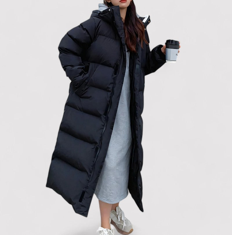 Women's Parka – Long Quilted Coat Black with Hood & Waterproof