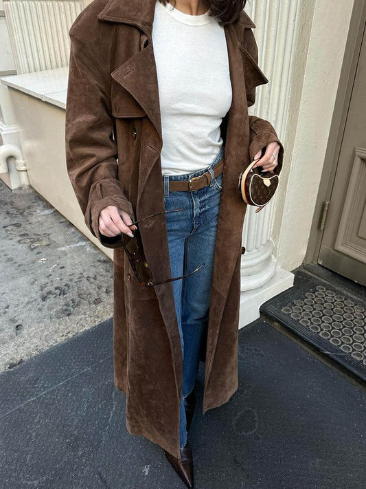 Damen Trenchcoat aus Wildlederoptik – Lang & Elegant