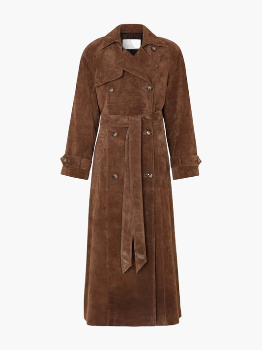 Damen Trenchcoat aus Wildlederoptik – Lang & Elegant