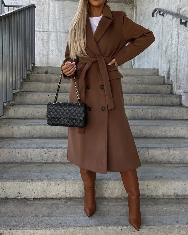 Damen Wintermantel Lang – Doppelreihig mit Gürtel im klassischen Look