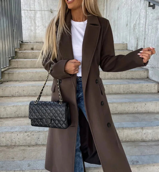Damen Wintermantel Lang – Doppelreihig mit Gürtel im klassischen Look