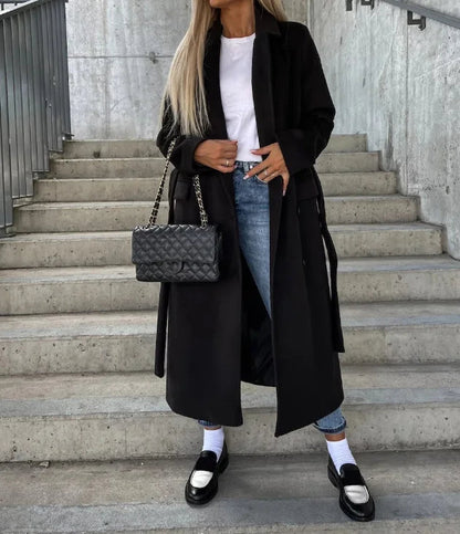Women's Long Winter Coat – Double-Breasted with Belt in Classic Look