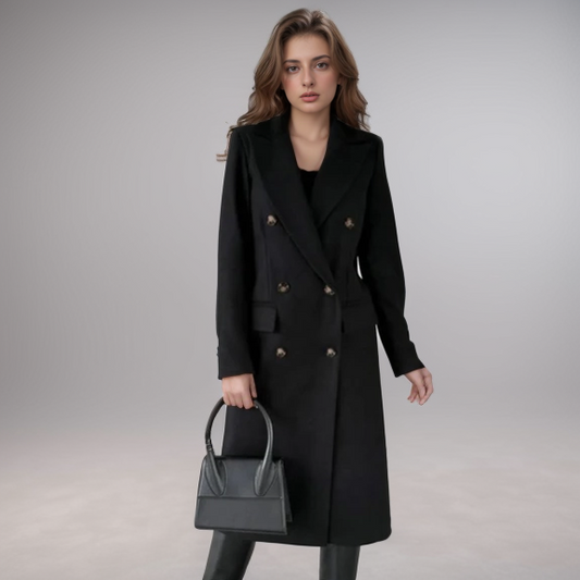 Women's wool coat – double-breasted long with tailored fit & lapels