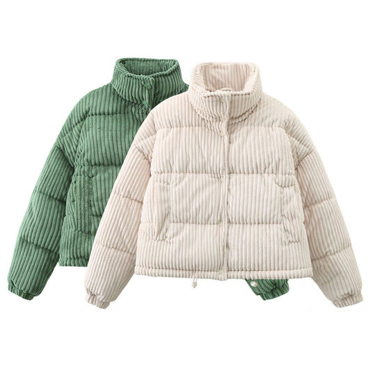 Gemütliche Kurzjacke aus Cord mit Polyesterfüllung – Bequemer Puffer-Mantel in Grün und Milky White für Damen