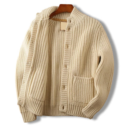 Men's knitted cardigan with stand-up collar – wool cardigan with buttons