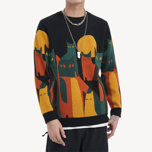 Herren Strickpullover aus Baumwolle – Mit Katzenmotiv