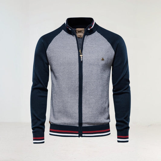 Herren Zip Jacke – Slim Fit aus Baumwollmix mit Rippkragen & Farbblock