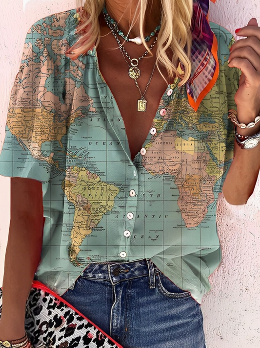 Janet | World Map Shirt for Women | Creative, Casual & Travel-Inspired